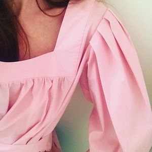 Horses Atelier tie waist square neck blouse in custom pink pre-washed cotton